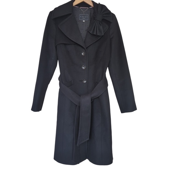 Black Wool Cashmere Coat with Bow Detail & Belt SZ6 US(10 EU) - Picture 6 of 13